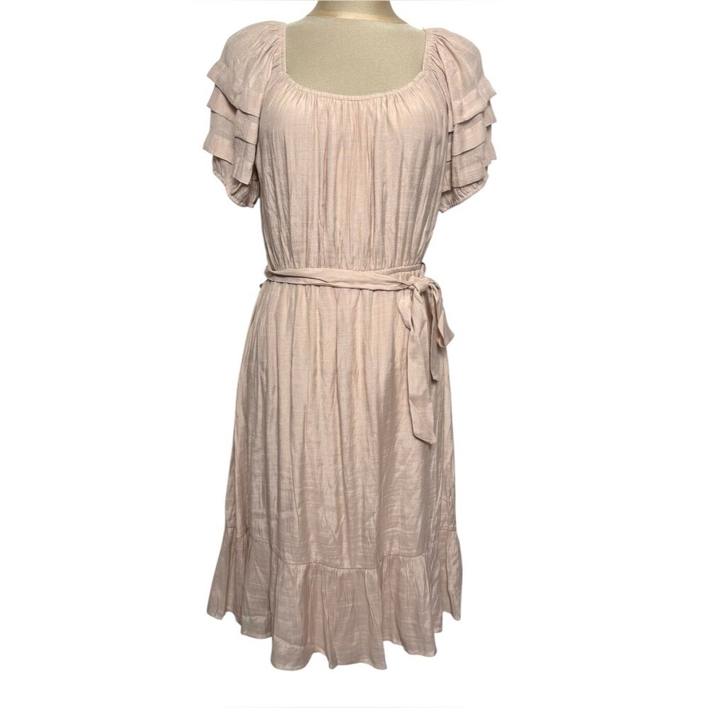 Luxology Gauze Midi Dress Beige Pink Belted Pleated Sleeve M